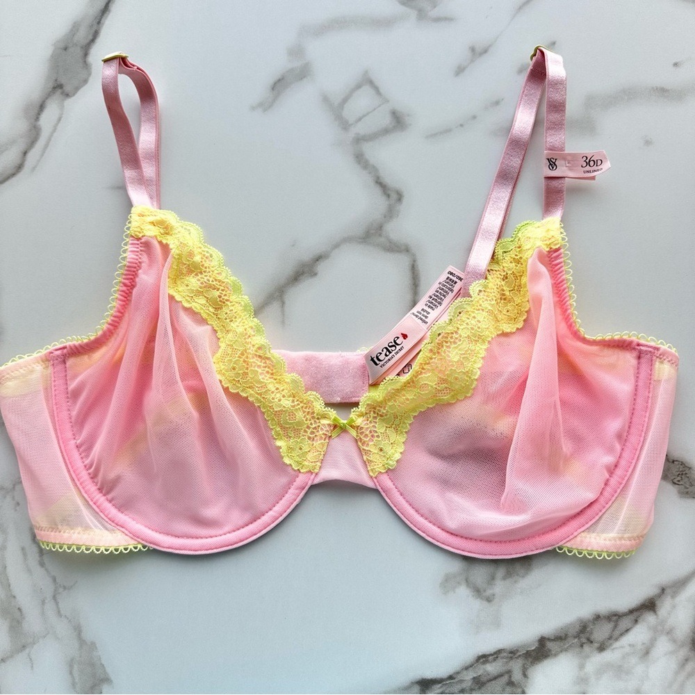 NWT Victoria's Secret Tease Unlined Demi Bra Pink Yellow Lace Trim‎ 36D